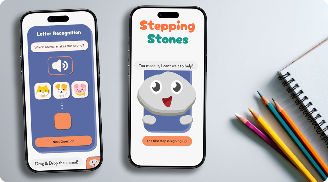 Stepping Stones app hero showing playful character mascot
