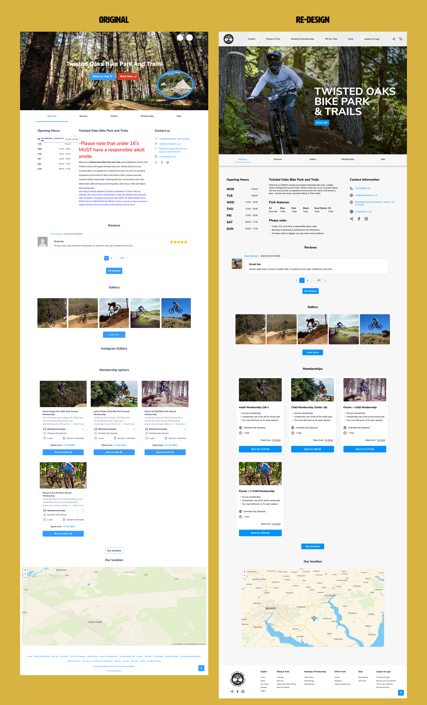 Original site vs redesigned landing page comparison