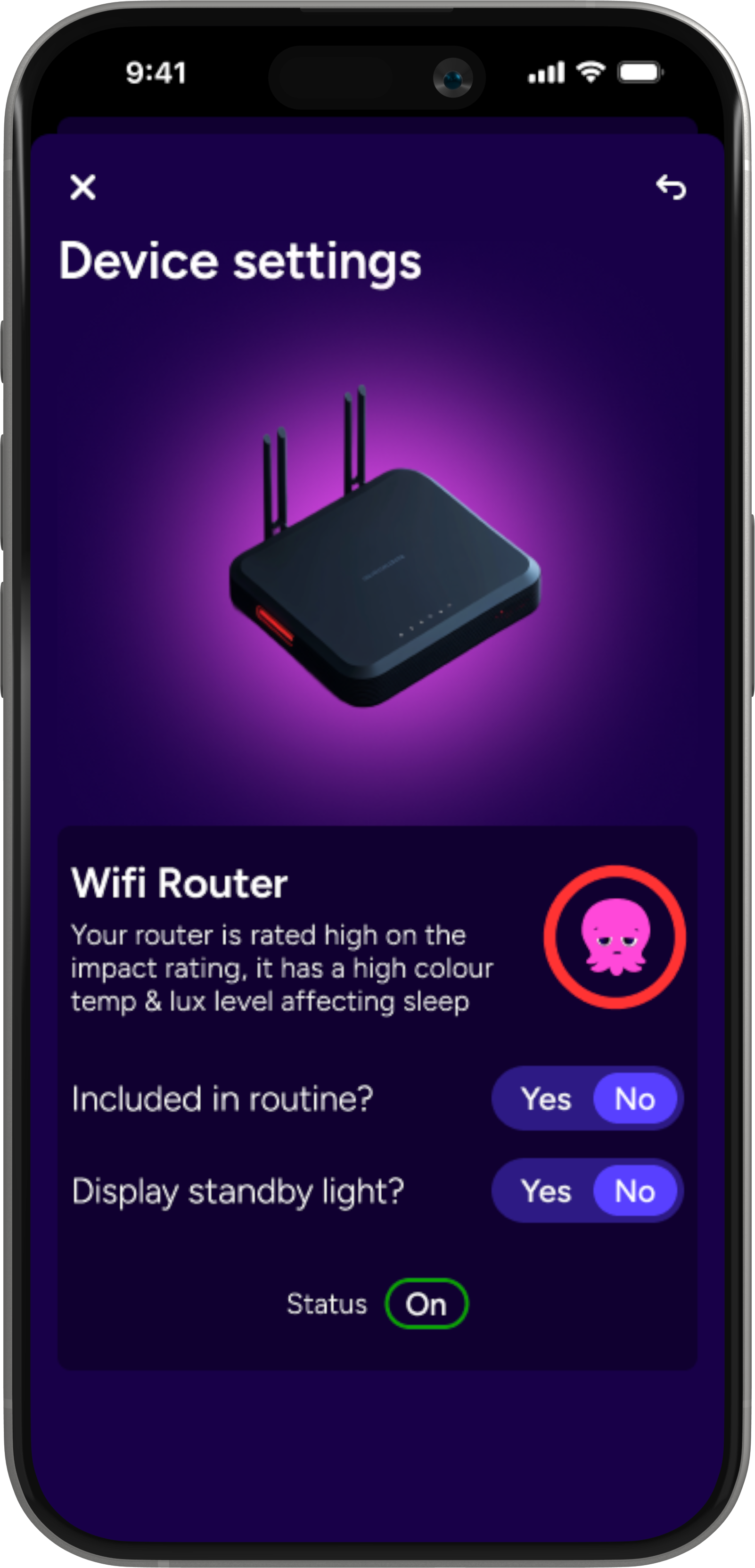 Device settings screen